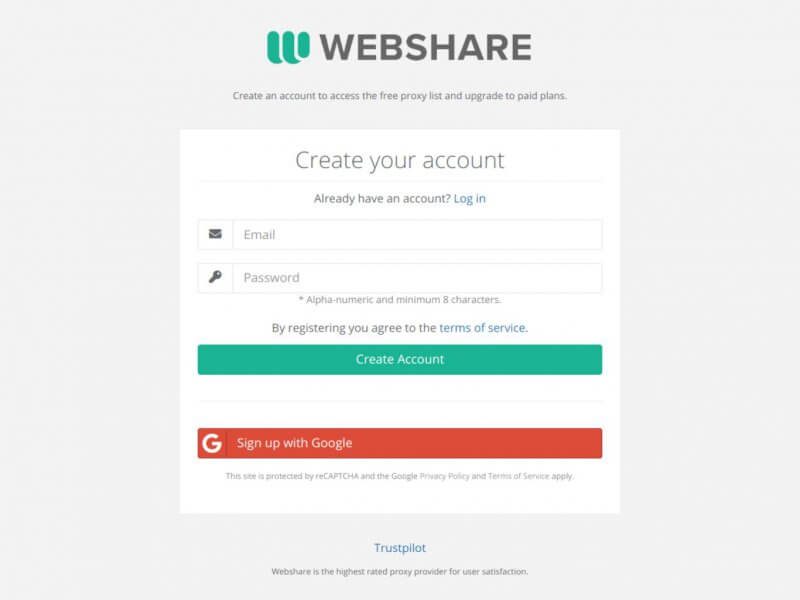 Create an account on Webshare